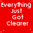 Red background with white pixelated text repeating 'Everything Just Got Clearer' in a pattern, featuring small white dots scattered across the surface