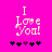 Pixelated 'I Love You!' text in light pink on bright magenta background with five black and purple heart icons below.