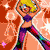 Pixelated cartoon character with blonde hair in purple crop top and multicolored pants, arms raised in four background variations.