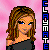 Pixelated cartoon woman with brown hair and blue eyes in a black off-shoulder top against pink background with vertical text.