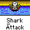 Pixelated cartoon shark in red-and-green boat on blue water, with 'Shark Attack' text below, showing animation changes across frames.