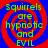 Four identical display green text on a blue background with red spiral patterns, each reading "squirrels are hypnotic and EVIL" in pixelated font