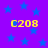 Purple background with blue stars and four yellow 'C208' text elements arranged in a