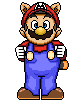 Pixel art Mario character with cat ears, red cap, blue overalls, white gloves, brown shoes, and a yellow nose, shown in six static poses with varying arm positions.