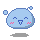 Two pixelated blue circular characters with closed eyes, pink blush marks, and small blue bubbles on a gray background.