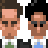 Two pixelated figures with distinct hairstyles and clothing colors stand side-by-side against a gray background.