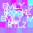Pixelated text 'EMILY S FROOKE' repeated in white over a of purple and cyan squares with scattered light blue dots