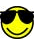 Yellow circular face with black sunglasses on left, transitioning to same face wearing large black bow and wide eyes on right.