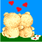 Two pixelated teddy bears sit back-to-back on green grass under a blue sky with floating red hearts.