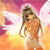A pixelated figure with long brown hair stands against a gradient background of pink, orange, and yellow hues.