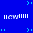 Blue background with four identical white text blocks reading HOW!!!!!! surrounded by cyan dashed lines and asterisk symbols.