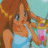 Pixelated image of a character with long orange hair wearing a light blue sleeveless top, holding a pink object against a light blue background.
