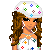 Pixel art buddy icon featuring a woman with long brown hair wearing a white floral headband and dress, holding a small dog in a yellow basket on the right side of the frame.
