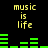 Yellow text 'music is life' appears twice above green audio equalizer bars on a black background, with the right-side bar heights changing across frames.