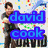 Pixelated image of a person with dark hair and light skin, wearing a dark shirt, with blue text overlays reading 'david cook' and 'is hawt <3' on a colorful background.