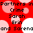 Red background with pink and white circles; black text repeats 'Partners in Crime Sarah Erin and Sarena' across two