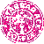 Three circular pink and white pixelated icons with intricate floral or geometric patterns arranged in a triangular layout against a gray background.