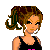 Pixelated cartoon character with brown curly hair in a ponytail, wearing black tank top and hoop earrings.