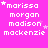 Pixelated text list on bright pink background with white stars, showing names marissa morgan madison mackenzie in multiple and