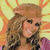 A pixelated image of a woman with long wavy hair wearing a brown beret and pink cardigan over a black-and-white patterned top, set against a yellow-orange sunburst background.