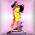 Pixelated figure in yellow dress with blue headband stands on platform, black hair flowing, pink background with small blue star-like shape.