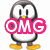 Pixelated penguin with yellow beak and feet, white belly, dark gray body, and black eyes, shown in multiple poses with one version featuring pink 'OMG' text overlay.