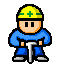 Pixel art character in blue work clothes and yellow hard hat with green cross, holding a white tool, two variations of facial expression.