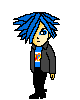 Pixel art character with blue spiky hair, gray jacket over a blue shirt with red and yellow design, black pants; left eye closed in first frame, open in second.