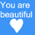 Blue background with white pixelated text and two heart symbols arranged in a -like layout
