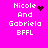 Pixelated text 'Nicole And Gabriela BFLL' on bright pink background with animated heart and star symbols replacing static elements.