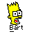 Pixelated yellow cartoon character with spiky hair, white eyes with black pupils, red mouth parts, and 'Bart' text below on gray background.