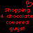 Red pixelated text and heart symbol on black background, with visible text reading 'Shopping 4 chocolate covered guys!'