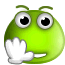 Green cartoon character with large eyes and a white hand covering its mouth, shown in two