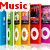 colorful music player icons with 'Music' text above each , showing color variations in the text and background