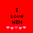 Red background with black text "I Love HIM" and five pink hearts below, where the third heart is darker than the others.