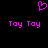 A static pixel art image with a black background, featuring a pink heart symbol above two instances of the text "Toy Toy" in pink pixelated font.