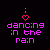 Pixelated icon with pink text 'i ❤️ dancing in the rain' on black background, blue dots scattered throughout.