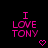 Pixelated pink text "I LOVE TONY" on black background with a small pixel heart below the right side of the text.
