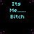 Pixelated cyan text 'Its Me..... Bitch' repeated across a black background with scattered pink dots, one gray rectangle in bottom-right corner.