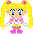 Pixel art of a character with long yellow pigtails, blue eyes, pink and white outfit, and pink boots on gray background.