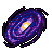 Pixelated spiral galaxy with purple and blue hues, a bright yellow-white core, black outer edges, and scattered white dots on gray background.