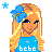 Pixelated character with long blonde hair, blue flower headpiece, and blue top reading 'bebe', next to text 'Sweet Sammi' in light blue.