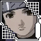 Pixelated anime-style portrait of a character with light skin, dark eyes, and short dark hair under a gray headband with white stripe.