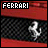 Pixelated static image with 'FERRARI' text in white block letters on black background, red horizontal bands above and below a central dark checkered pattern containing a white prancing horse symbol.