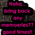 Pixelated text in magenta on black background with stone-like texture, reading "Haha... bring back any memories?? good times!".
