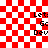 Red and white checkered background with repeated text fragments and a central pixelated circular distortion effect.