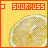 Yellow background with orange border, lemon slice image, and 'SOURPUSS' text in orange block letters at top.