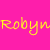 Pixelated yellow text 'Robyn' on bright pink background with white flower symbol in bottom right corner.