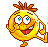 Yellow cartoon character with orange spiky hair, blue eyes, and red mouth in multiple poses against gray background.