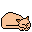 Pixelated cat with peach body and brown ears curled into a ball on gray background, showing slight head movement